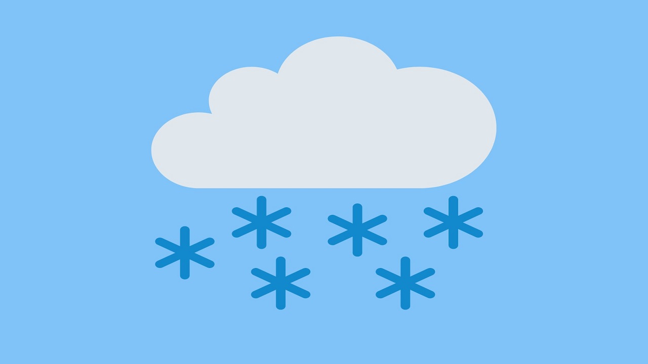 Na jasno-niebieskim tle umieszczona została grafika przedstawiająca białą chmurę, z której spadają niebieskie śnieżynki.